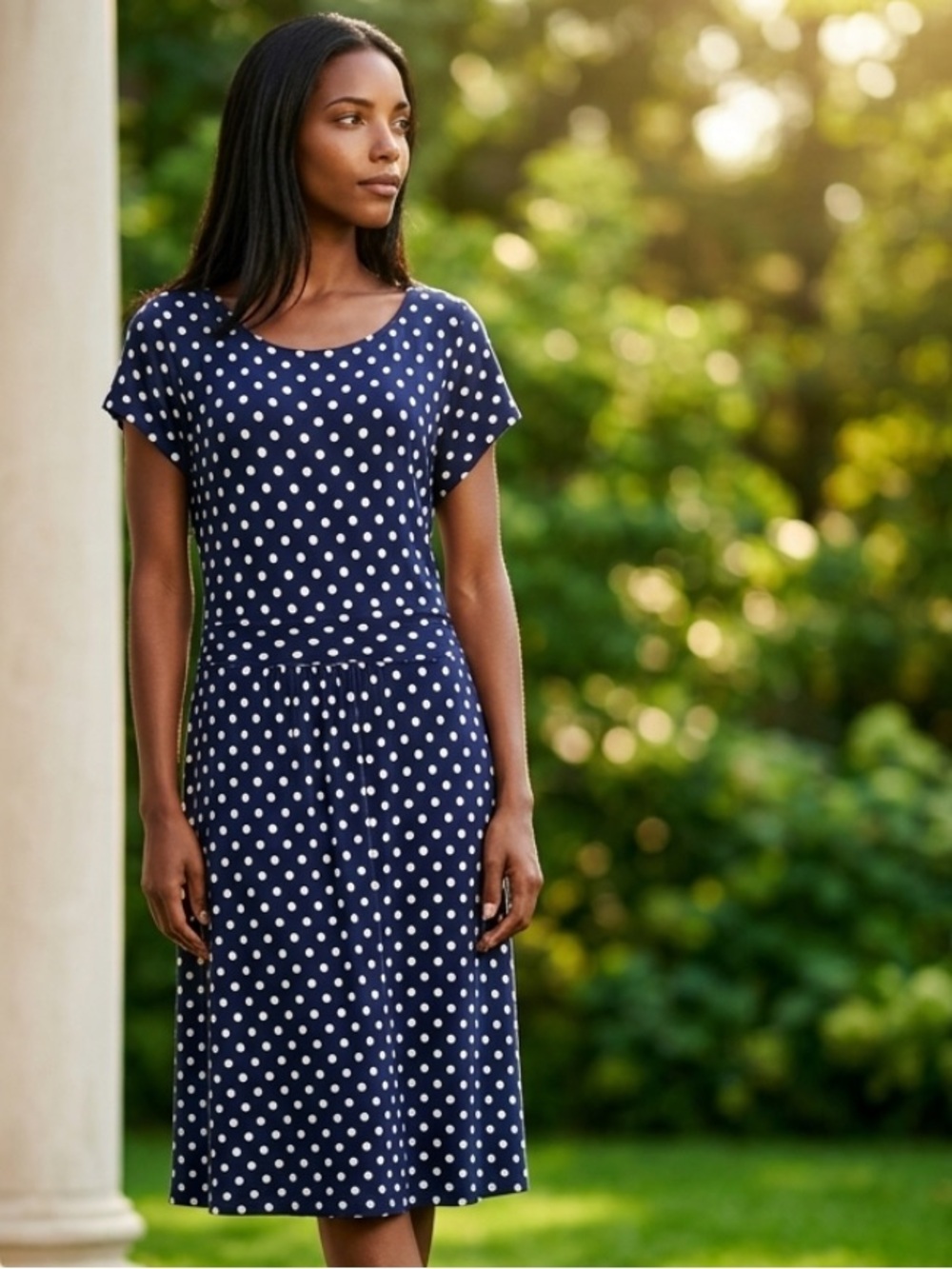 BODEN Amelia Dress Polka Dot Blue White Jersey Knit Cap Sleeves J0326 16/18L